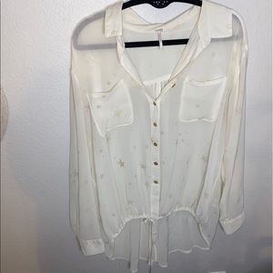 Sheer Cream Star Printed Free People Button-Up
